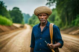 an african man with a hat and cane walking down a dirt road. AI-Generated photo