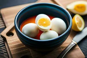 a bowl of boiled eggs with a knife and a slice of lemon. AI-Generated photo
