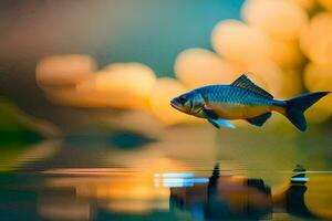 un pescado es volador terminado el agua con un borroso antecedentes. generado por ai foto