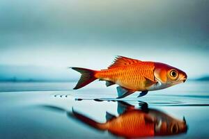 a fish is standing on the water with its reflection. AI-Generated photo