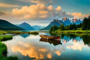 the boat is floating in the calm lake. AI-Generated photo