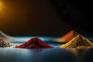 three different colored powders on a table. AI-Generated photo