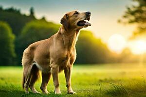 a dog is standing in the grass at sunset. AI-Generated photo