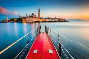 a red boat is docked in the water at sunset. AI-Generated photo