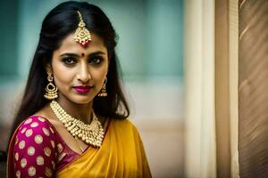 a beautiful indian woman in a yellow sari. AI-Generated photo