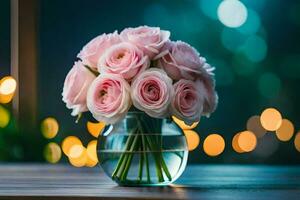 pink roses in a vase on a table. AI-Generated photo