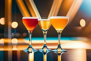 three different types of alcoholic drinks are lined up on a table. AI-Generated photo