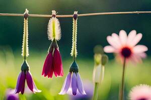 flowers hanging from a clothesline in the sun. AI-Generated photo