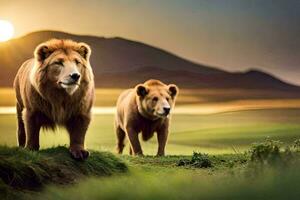 two lions walking in the grass at sunset. AI-Generated photo