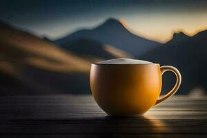 a cup of coffee on a table in front of mountains. AI-Generated photo