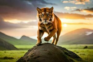 a tiger walking across a rock in the middle of a field. AI-Generated photo