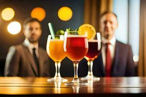 three glasses of cocktails on a bar. AI-Generated photo