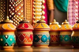 colorful pots and vases are lined up on a table. AI-Generated photo