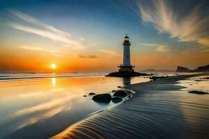 a lighthouse stands on the beach at sunset. AI-Generated photo