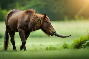 a horse with long horns grazing on grass. AI-Generated photo