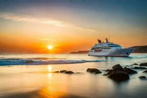 un crucero Embarcacion en el Oceano a puesta de sol. generado por ai foto