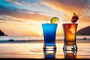 two drinks with colorful drinks on a table at sunset. AI-Generated photo