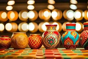 a row of colorful vases on a table. AI-Generated photo