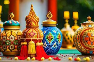 colorful vases with tassels and candles on a table. AI-Generated photo
