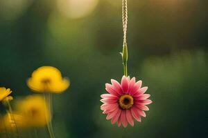 a pink flower hanging from a string in front of a field. AI-Generated photo
