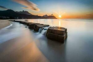 a long exposure photograph of a beach at sunset. AI-Generated photo