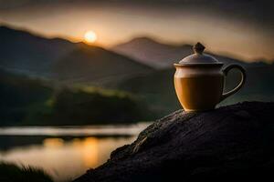a coffee cup sits on a rock overlooking a lake and mountains. AI-Generated photo