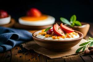 yogurt with fruit and nuts in a bowl. AI-Generated photo