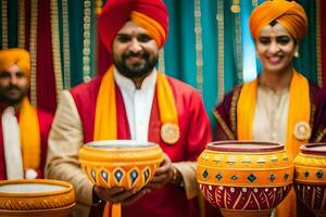 un hombre y mujer en tradicional indio traje participación bochas. generado por ai foto