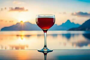 a glass of red wine on a table in front of a lake. AI-Generated photo