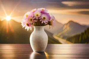 a vase of flowers on a table with mountains in the background. AI-Generated photo