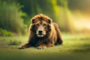 un león es sentado en el césped con el Dom en el antecedentes. generado por ai foto