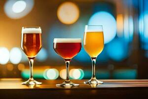 three different types of beer are shown on a bar. AI-Generated photo