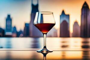 a glass of wine on a table in front of a city skyline. AI-Generated photo