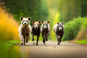 Tres osos corriendo abajo un la carretera en el bosque. generado por ai foto