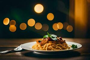 spaghetti with meat and sauce on a plate. AI-Generated photo