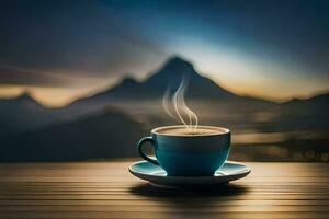 a cup of coffee on a wooden table with mountains in the background. AI-Generated photo