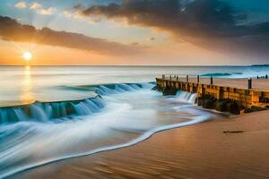 the sun rises over the ocean and the waves crash into the shore. AI-Generated photo
