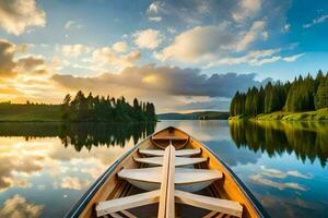 un canoa es flotante en un calma lago a puesta de sol. generado por ai foto