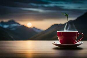 a cup of coffee with a plant on the table. AI-Generated photo