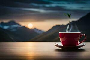 un taza de café con un planta en el mesa. generado por ai foto