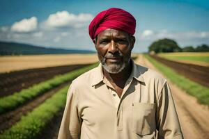 un hombre en un rojo turbante soportes en un campo. generado por ai foto