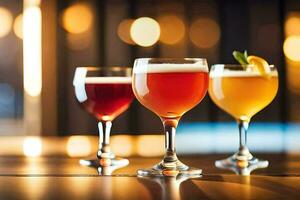three different types of beer are lined up on a table. AI-Generated photo