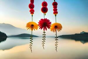 colorful flowers hanging from a rope over a lake. AI-Generated photo