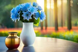 blue flowers in a vase and a golden vase. AI-Generated photo