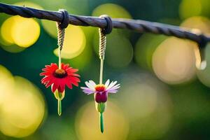 dos flores colgando desde un cable. generado por ai foto