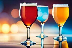three glasses of beer on a table with a blurred background. AI-Generated photo