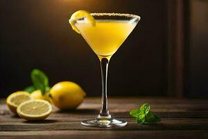 a cocktail with lemon and mint on a wooden table. AI-Generated photo