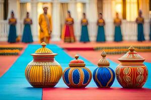 a group of colorful vases on a red carpet. AI-Generated photo