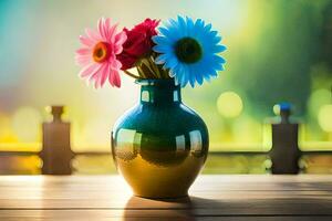 a vase with colorful flowers on a table. AI-Generated photo