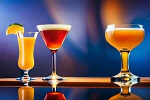 three different types of alcoholic drinks are lined up on a bar. AI-Generated photo